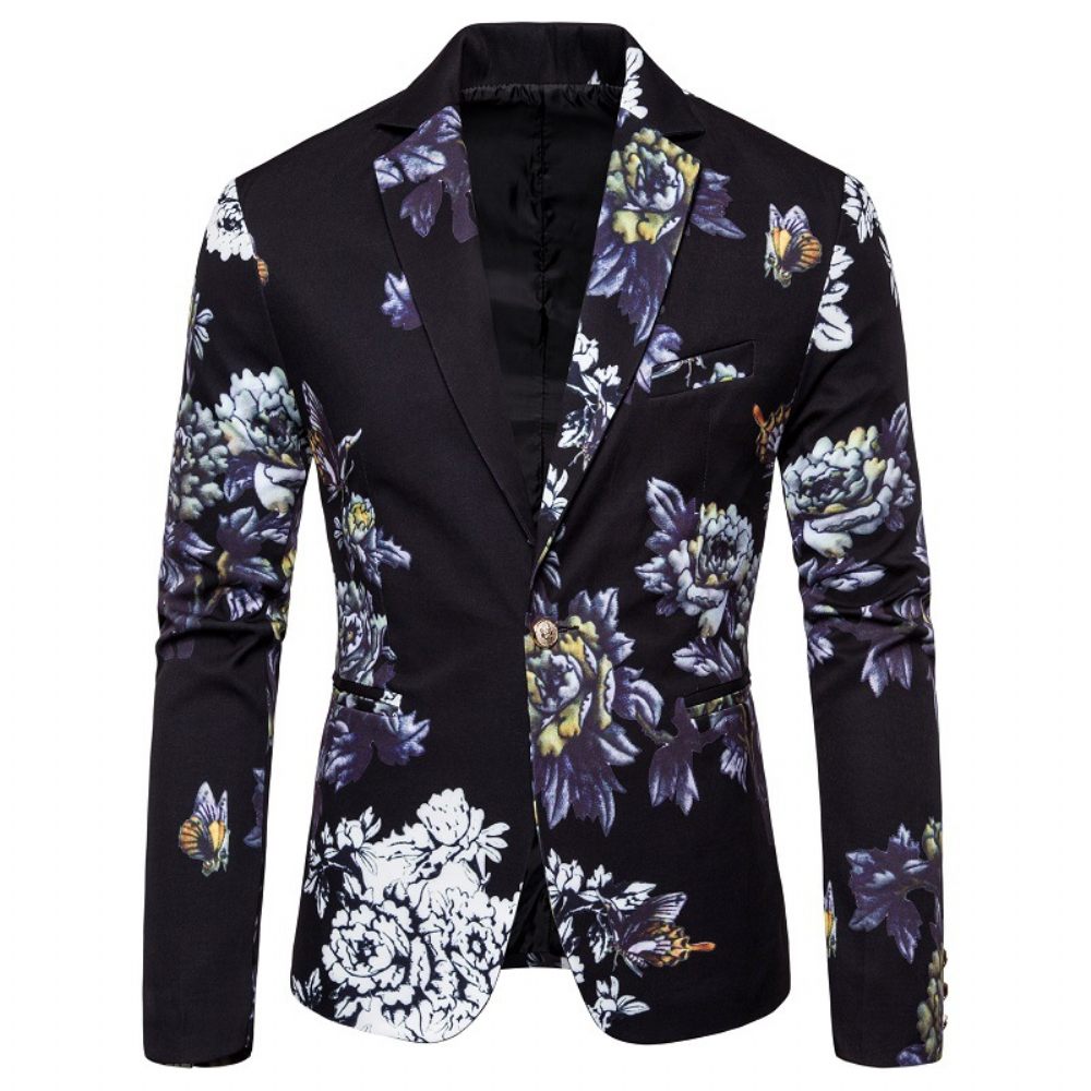 Blazer Homme Sport Manteau Revers Plante Motif Floral Un Bouton Slim