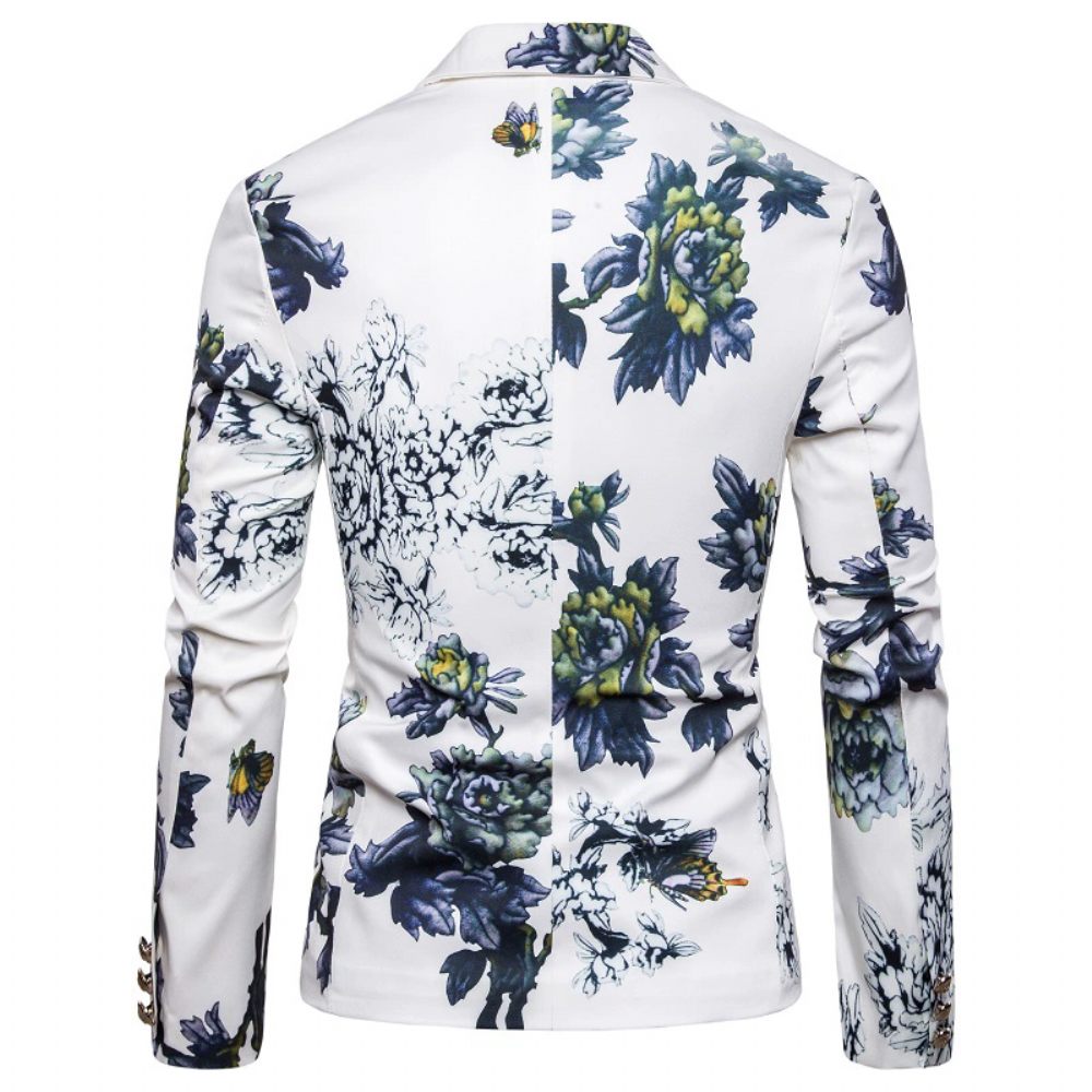 Blazer Homme Sport Manteau Revers Plante Motif Floral Un Bouton Slim - Blanc