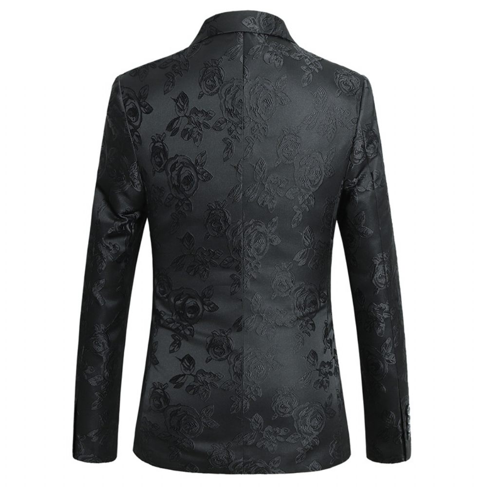 Blazer Sport Pour Hommes Manteau Brodé D'individualité Slim Motif Floral Un Bouton - Noir