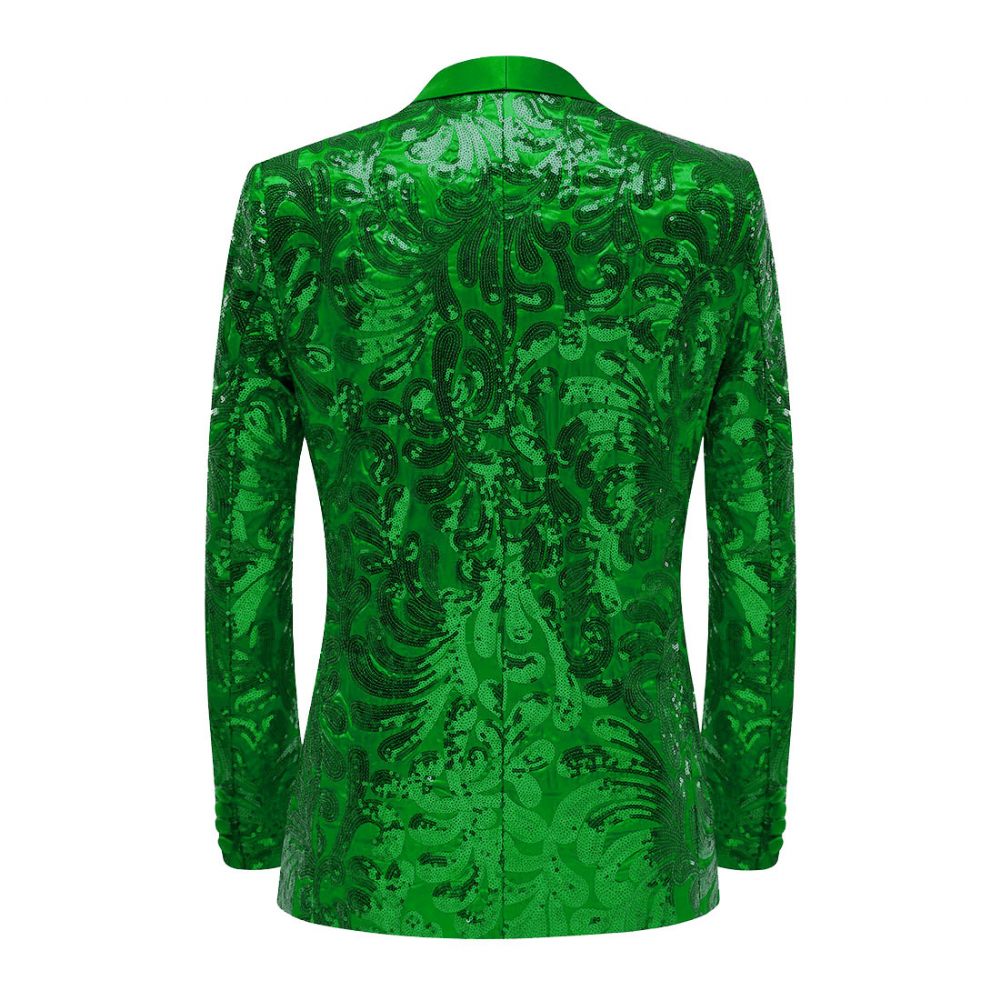 Blazer Sport Pour Hommes Manteau À Paillettes Slim Col Châle Un Bouton Poches Rabat - Vert