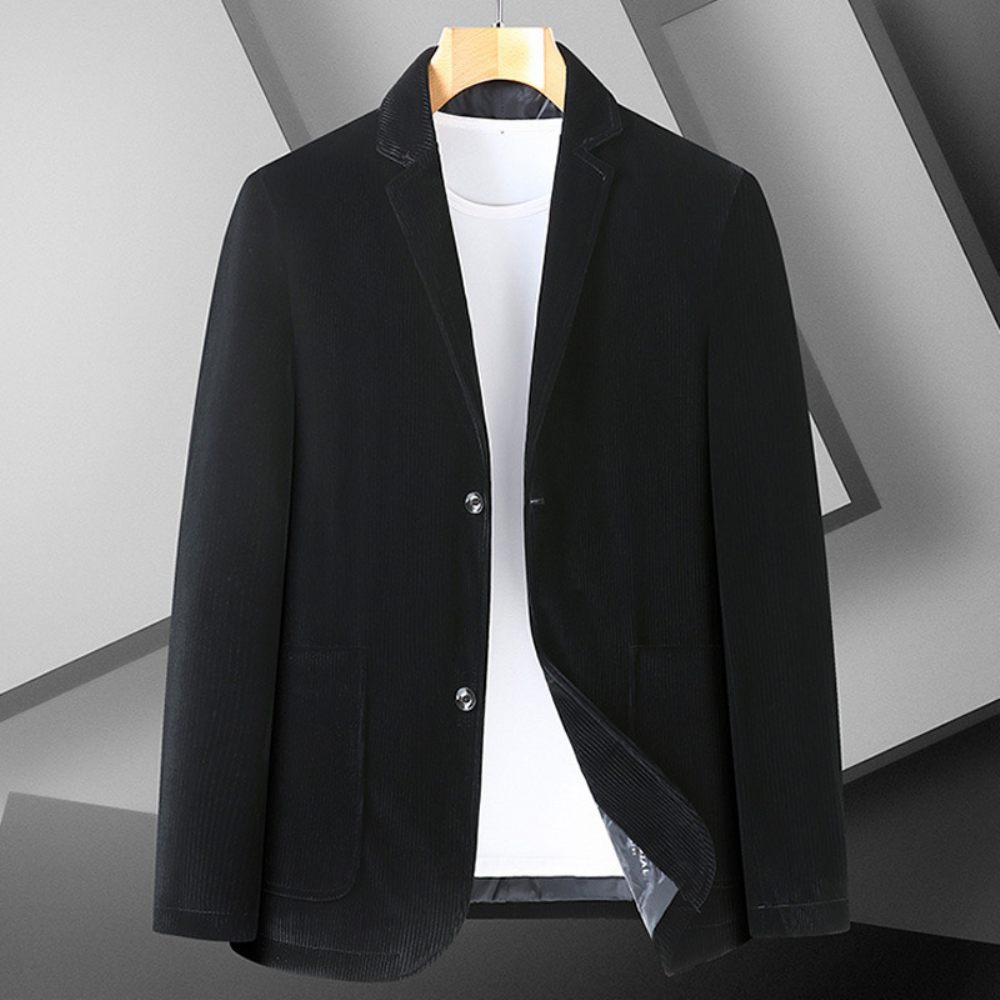 Blazer Sport Pour Hommes Manteau Velours Côtelé Ample Deux Boutons Poches Plaquées Grande Taille - Noir