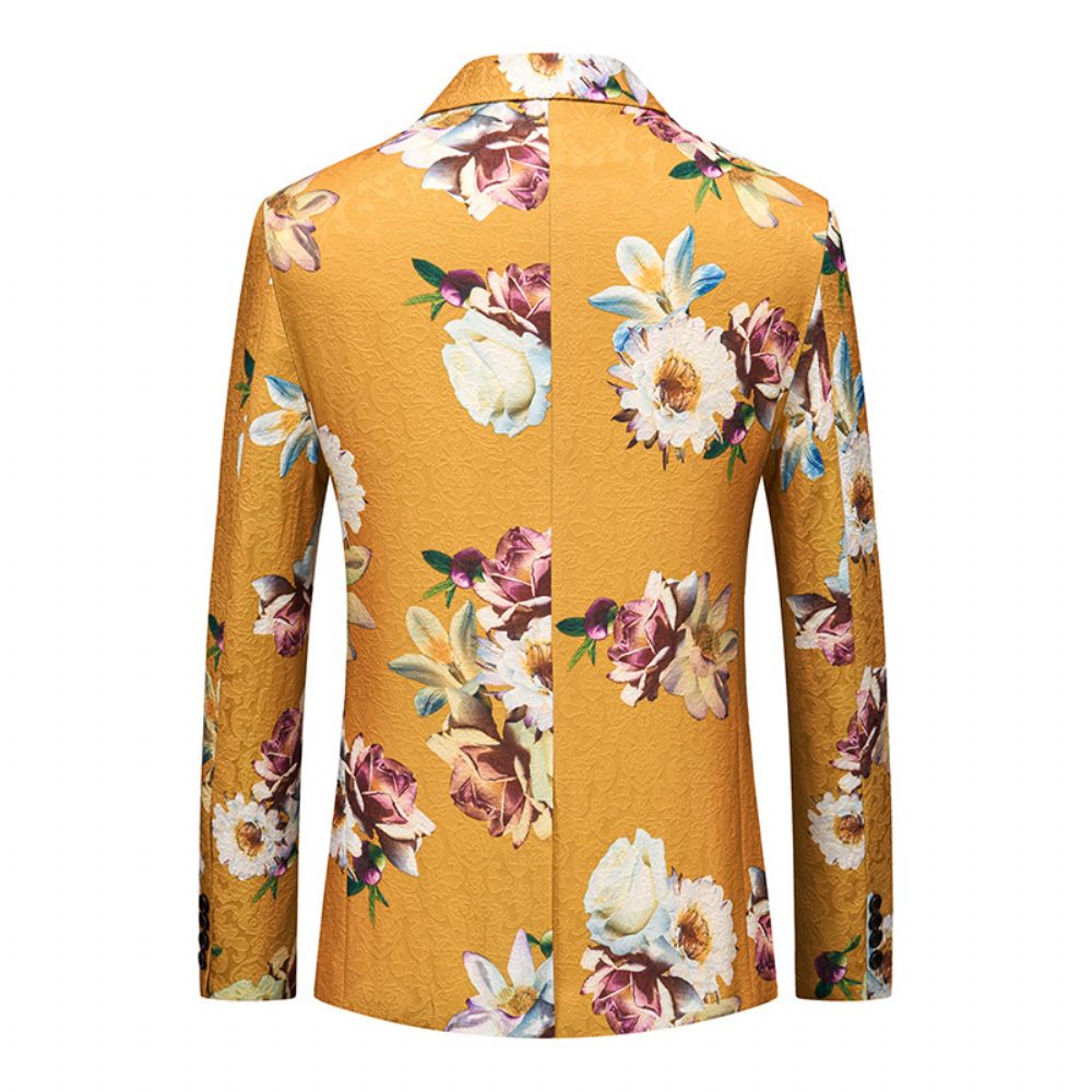 Blazer Sport Manteau Mince Pour Homme Motif Floral 3d Rose Un Bouton Col Plat Poches À Rabat - Jaune