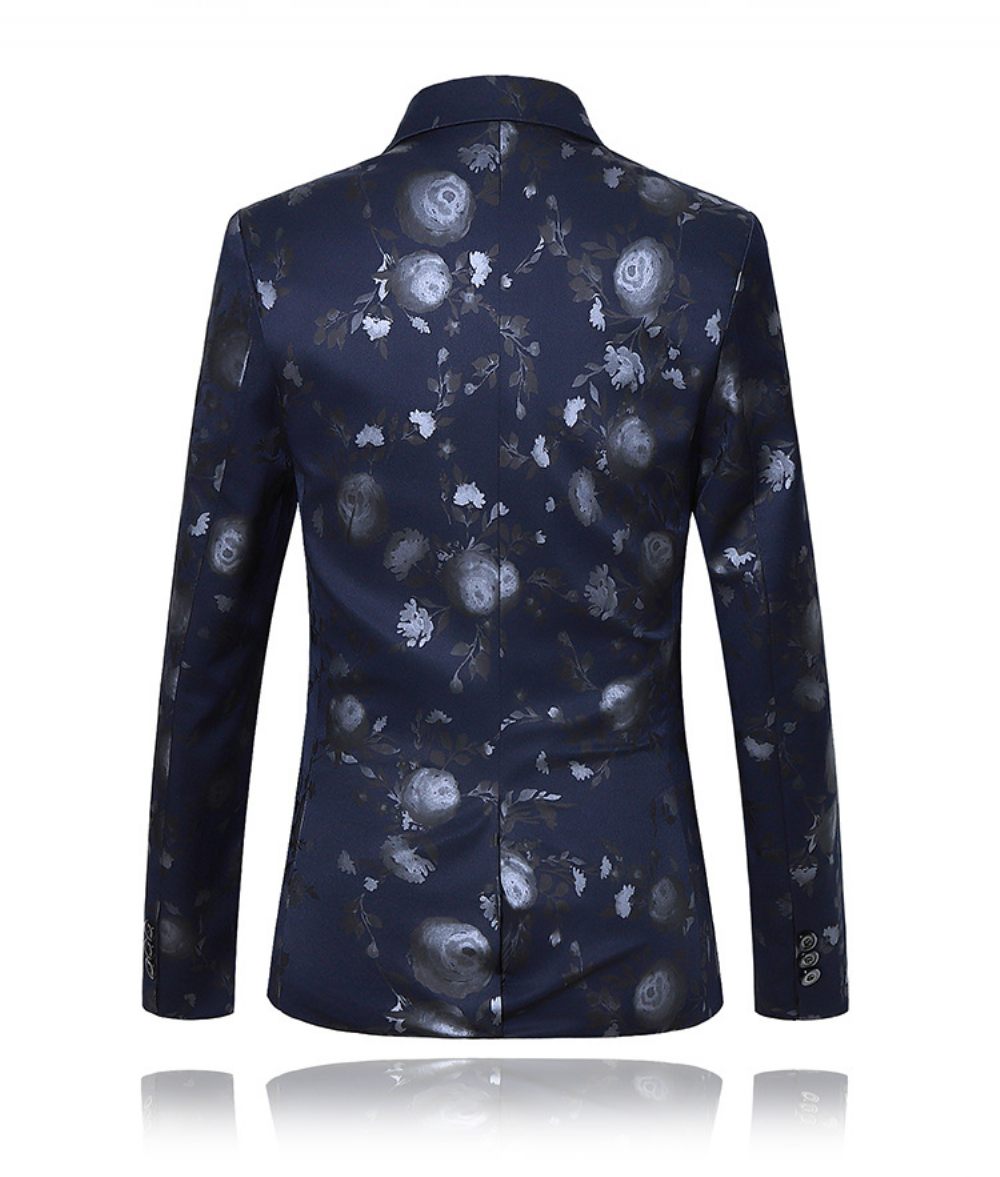 Blazer Sport Manteau Slim Plante Fleur Motif Un Boutons Pour Homme - Bleu Foncé