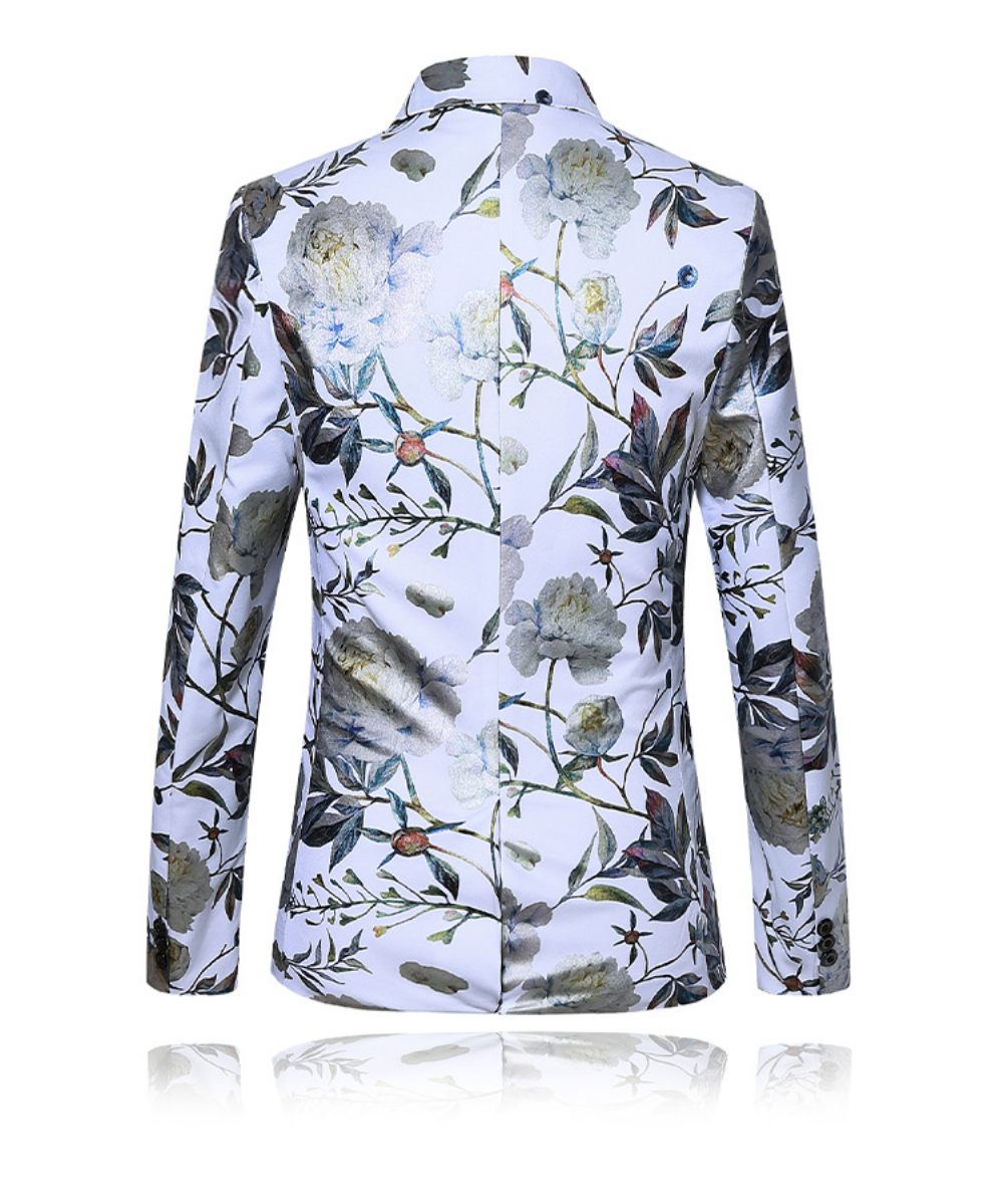 Blazer Sport Manteau Slim Plante Fleur Motif Un Boutons Pour Homme - Blanc