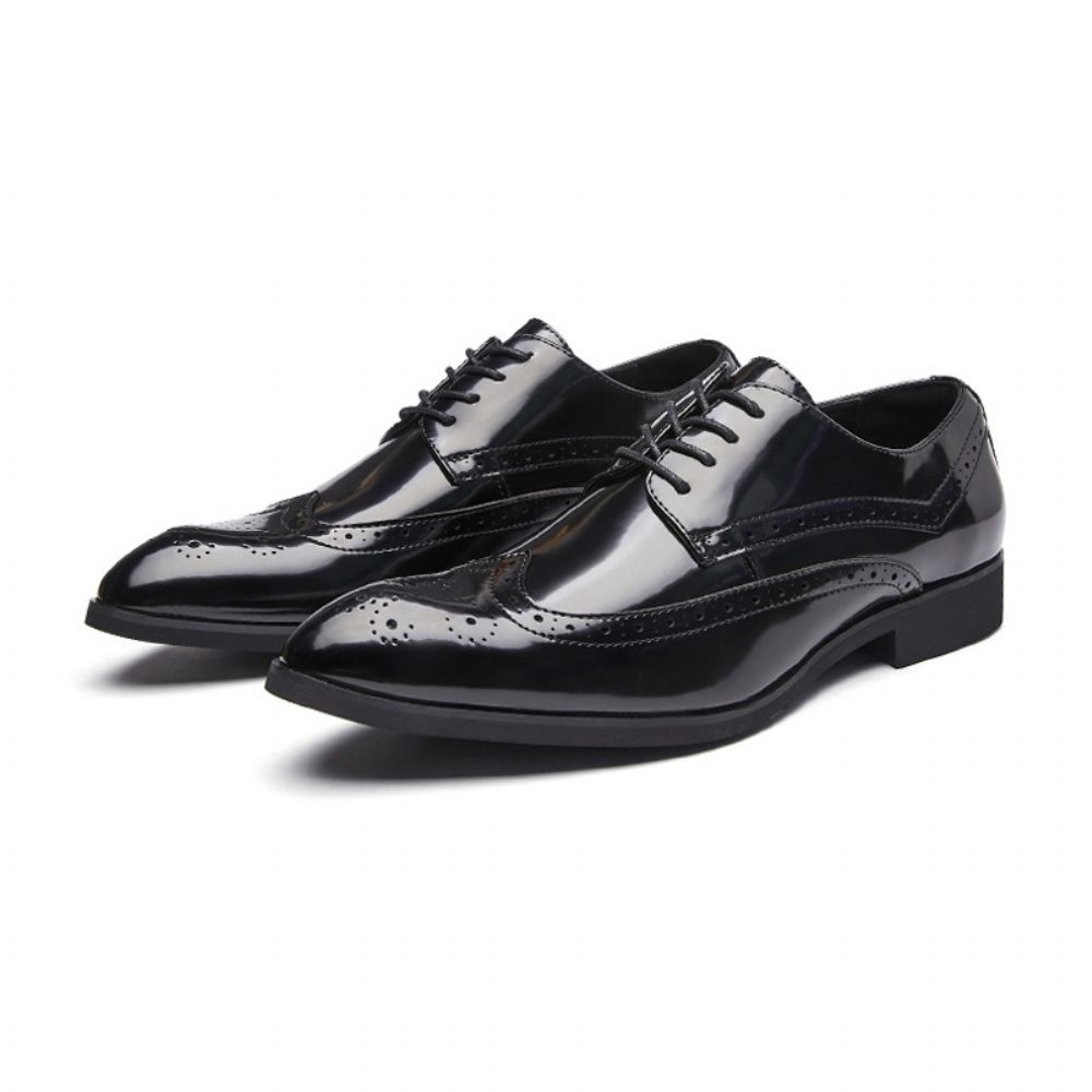 Chaussures Derby Pour Hommes Brogue À Lacets Cuir Vache Bout Pointu Semelle Souple Sculptée - Noir