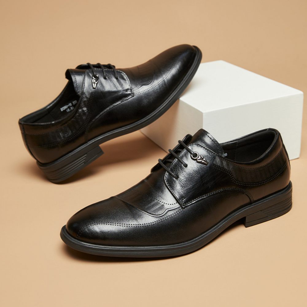 Chaussures Formelles Pour Hommes Derby Faites À La Main Cuir Vache Semelle Souple Respirant 3 Œillets - Noir