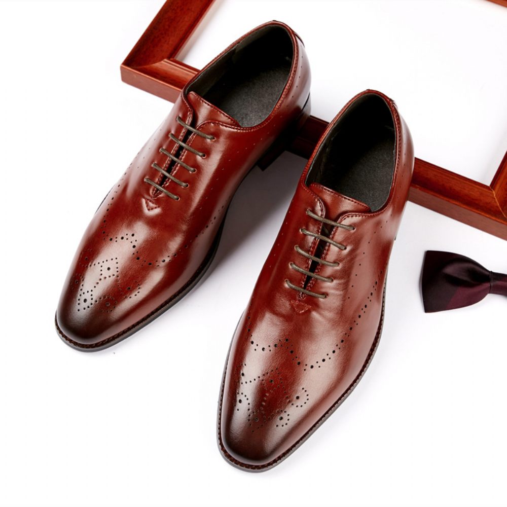 Chaussures Formelles Pour Hommes Oxford Brogue Sculpté Bout Ciselé Talon Bois - Rouge