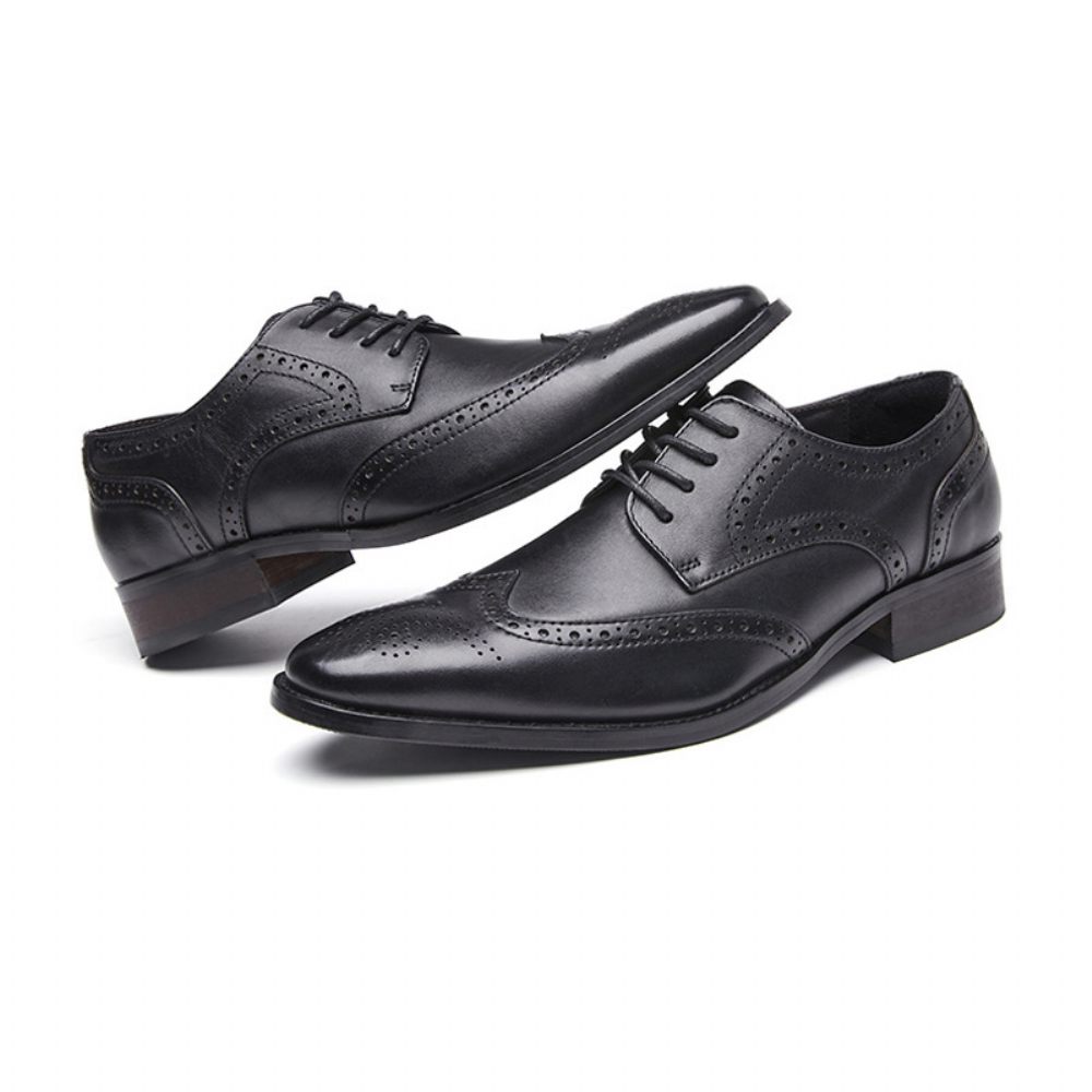 Chaussures Habillées Pour Hommes Brogue Bout Pointu Cuir Vache Sculpté Derby À Lacets 4 Œillets - Noir