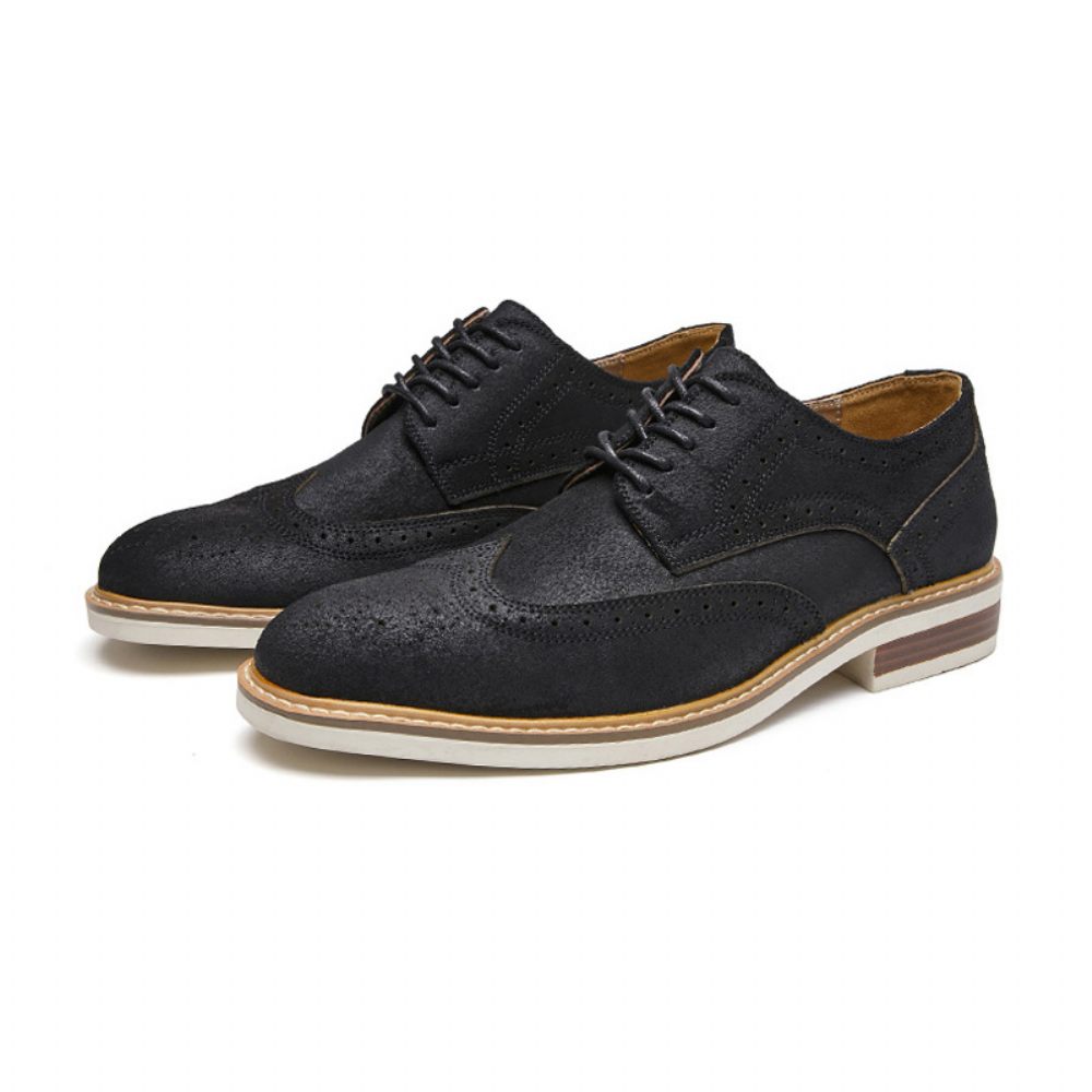 Chaussures Habillées Pour Hommes Brogue Daim Cuir Vache Derby Rétro Bout Rond - Noir