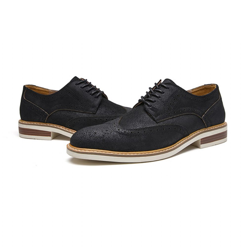 Chaussures Habillées Pour Hommes Brogue Daim Cuir Vache Derby Rétro Bout Rond - Noir