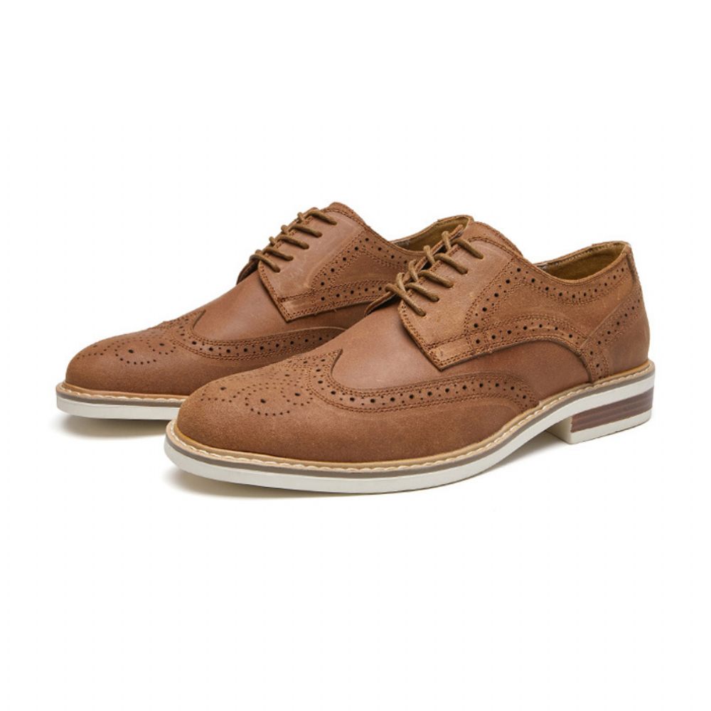 Chaussures Habillées Pour Hommes Brogue Daim Cuir Vache Derby Rétro Bout Rond - Brun