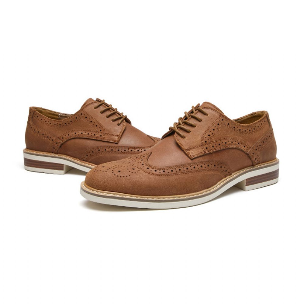 Chaussures Habillées Pour Hommes Brogue Daim Cuir Vache Derby Rétro Bout Rond - Brun