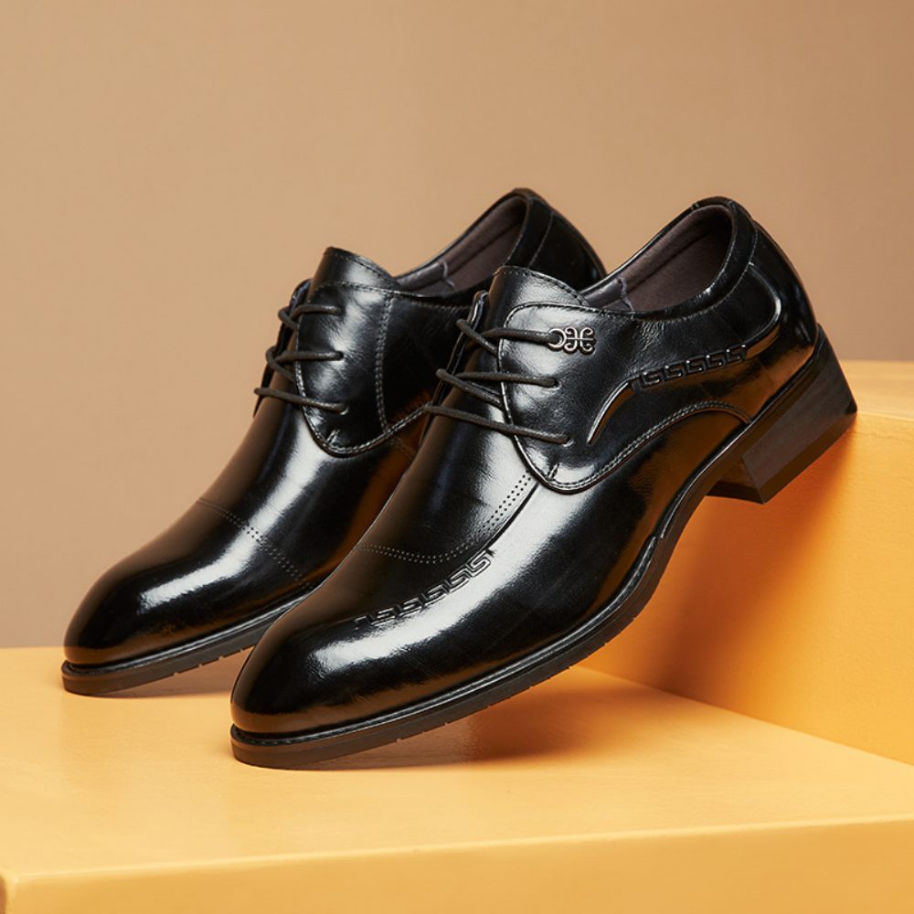 Chaussures Habillées Pour Hommes Derby Cuir Vache Bout Pointu Respirant À Lacets 3 Œillets - Noir