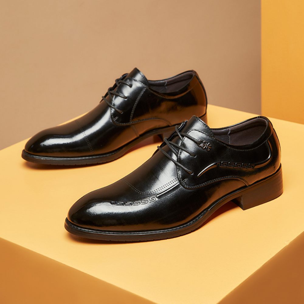 Chaussures Habillées Pour Hommes Derby Cuir Vache Bout Pointu Respirant À Lacets 3 Œillets - Noir