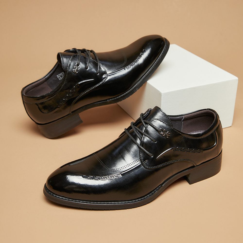 Chaussures Habillées Pour Hommes Derby Cuir Vache Bout Pointu Respirant À Lacets 3 Œillets - Noir