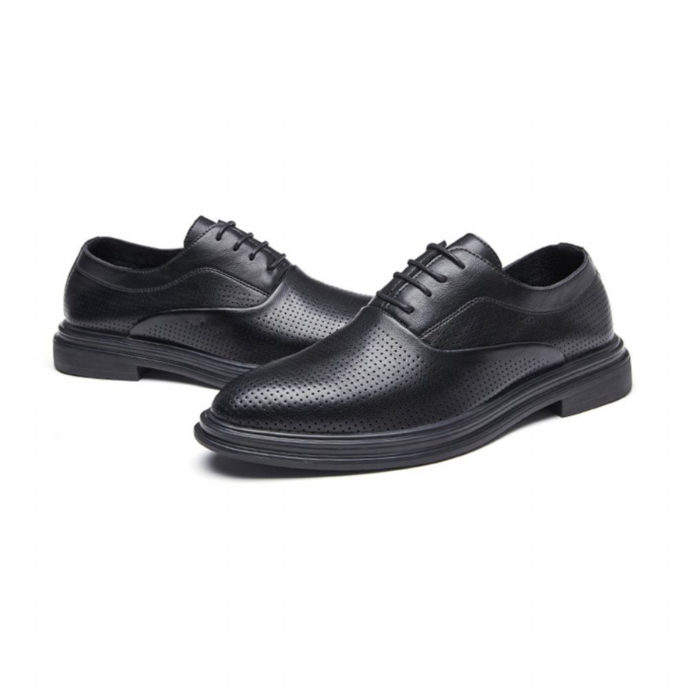 Chaussures Habillées Pour Hommes Oxford Cuir Vache Respirant Bout Pointu À Lacets 3 Œillets - Noir