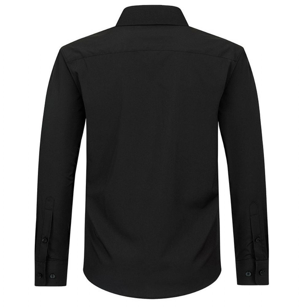 Chemise Habillée Pour Hommes À Manches Longues Couleur Unie Élastique Affaires Moderne Grande Taille - Noir