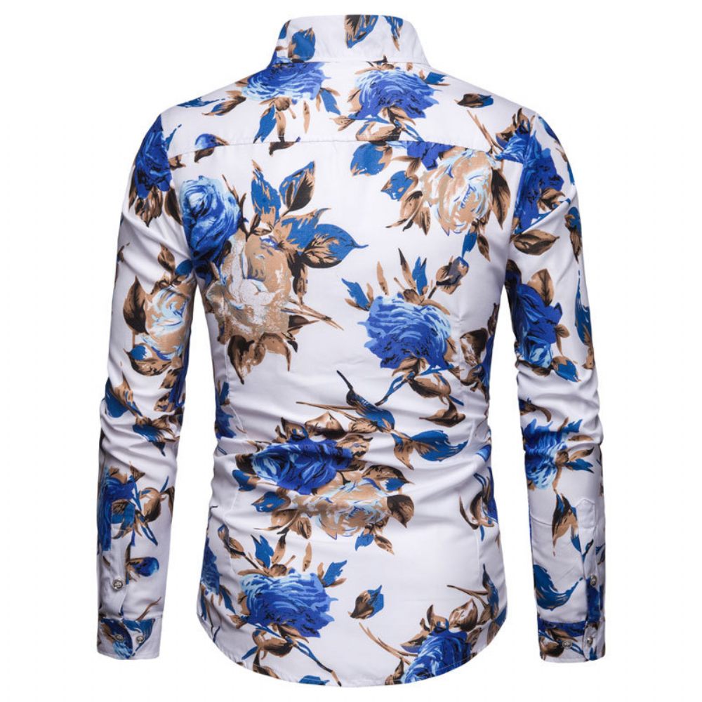 Chemise Homme Manches Longues Motif Floral Rose Slim - Bleu