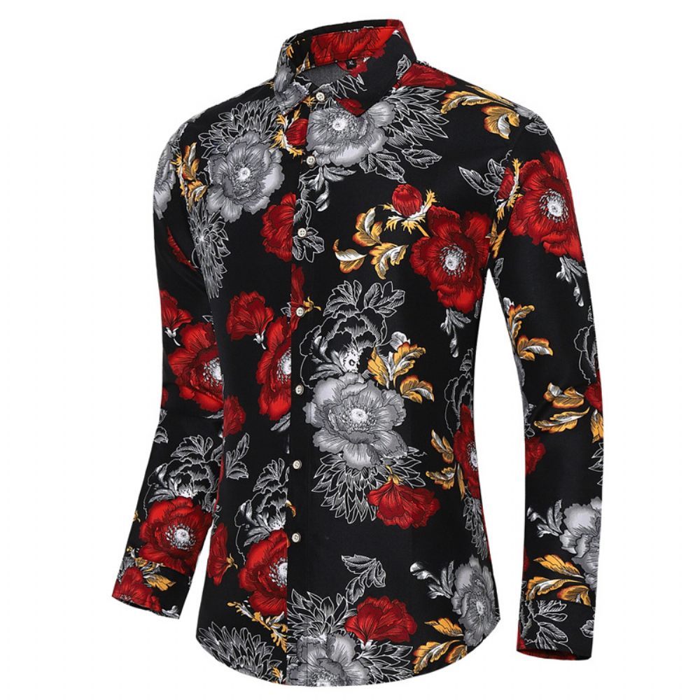 Chemise Surdimensionnée Pour Hommes Motif Floral À La Mode Manches Longues - Rouge