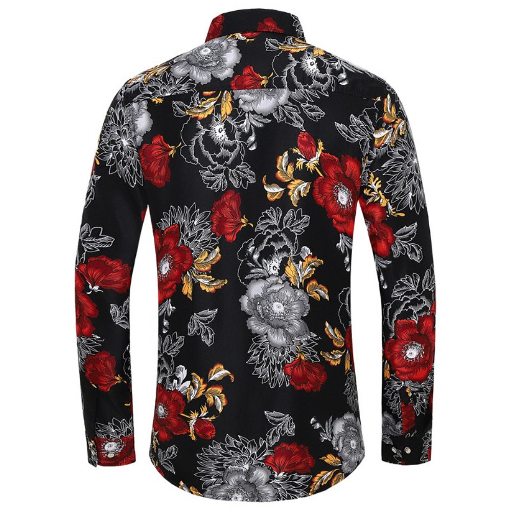 Chemise Surdimensionnée Pour Hommes Motif Floral À La Mode Manches Longues - Rouge