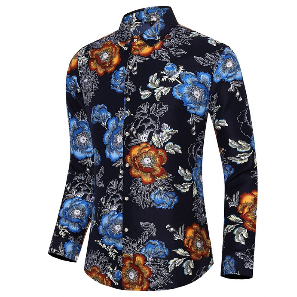 Chemise Surdimensionnée Pour Hommes Motif Floral À La Mode Manches Longues - Bleu