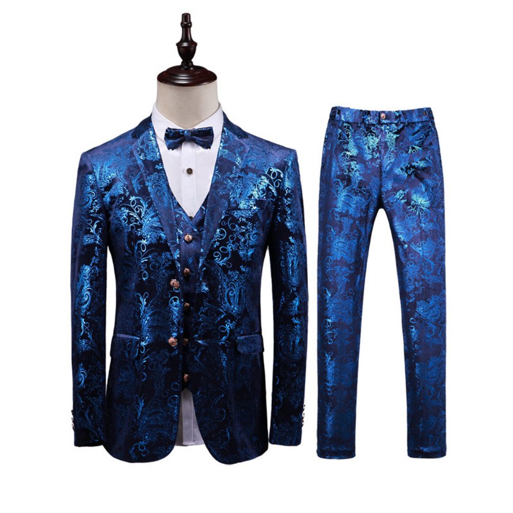 Costume 3 Pièces Homme Deux Boutons Robe Cérémonie Slim Facile D'entretien - Bleu