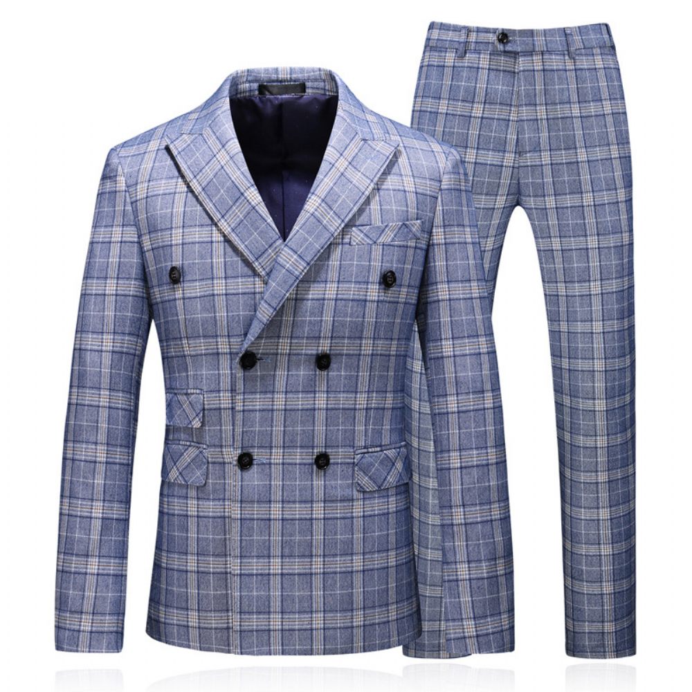 Costume 3 Pièces Homme Double Boutonnage Slim Tendance Motif À Carreaux Fentes Latérales - Bleu