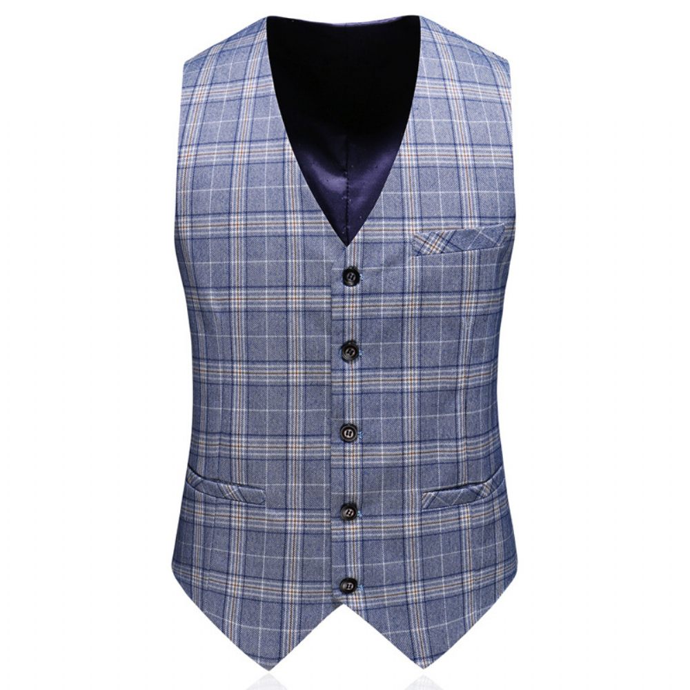 Costume 3 Pièces Homme Double Boutonnage Slim Tendance Motif À Carreaux Fentes Latérales - Bleu