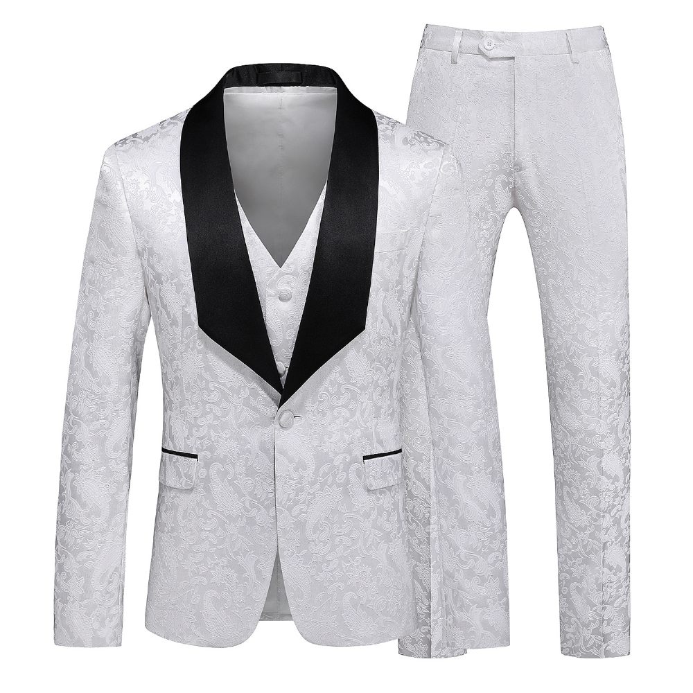 Costume 3 Pièces Pour Hommes Col Châle Slim Un Bouton Motif Floral Robe Formelle Mariage - Blanc