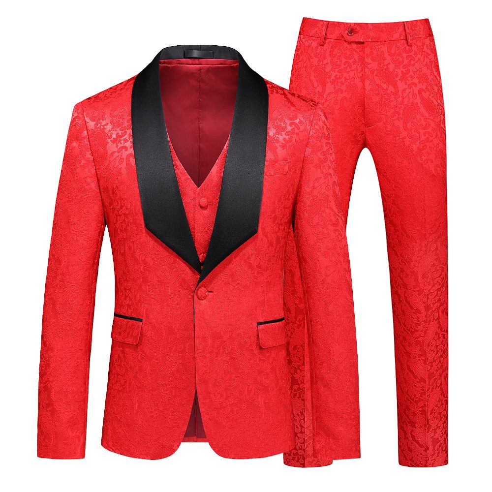 Costume 3 Pièces Pour Hommes Col Châle Slim Un Bouton Motif Floral Robe Formelle Mariage - Rouge