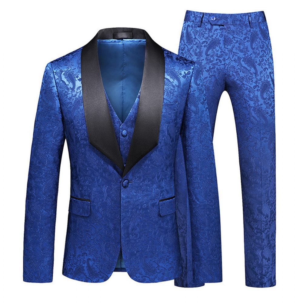 Costume 3 Pièces Pour Hommes Col Châle Slim Un Bouton Motif Floral Robe Formelle Mariage - Bleu