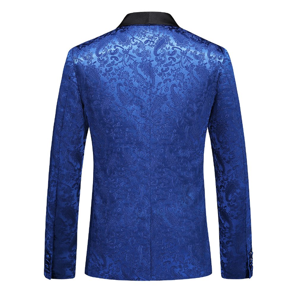 Costume 3 Pièces Pour Hommes Col Châle Slim Un Bouton Motif Floral Robe Formelle Mariage - Bleu