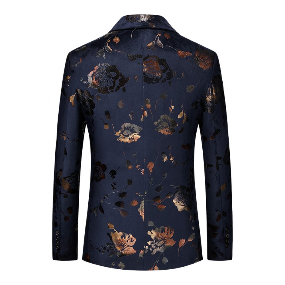 Costume 3 Pièces Pour Hommes Croisé Motif Floral Robe Formelle Slim Rose - Bleu Foncé