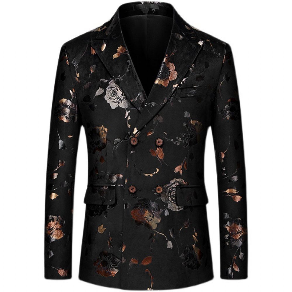 Costume 3 Pièces Pour Hommes Croisé Motif Floral Robe Formelle Slim Rose - Noir