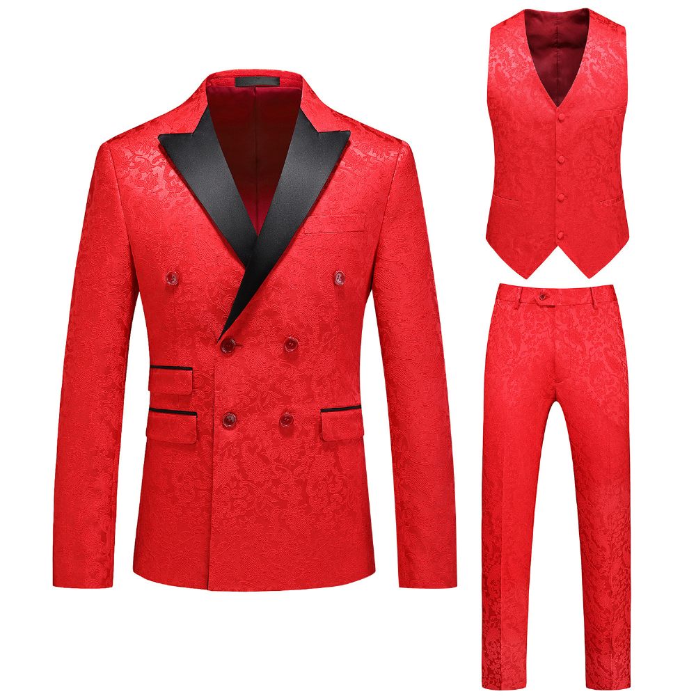 Costume 3 Pièces Pour Hommes Double Boutonnage Col Plat Robe Formelle Jacquard Mariage Grande Taille - Rouge