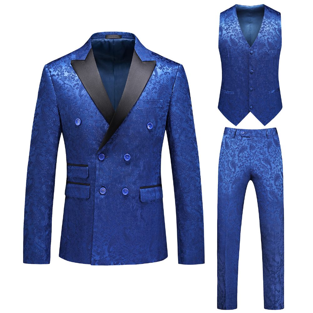 Costume 3 Pièces Pour Hommes Double Boutonnage Col Plat Robe Formelle Jacquard Mariage Grande Taille - Bleu