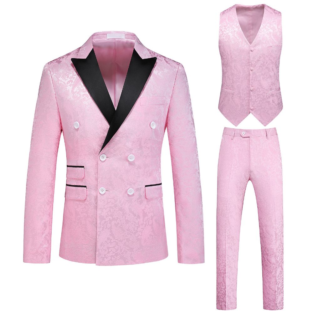 Costume 3 Pièces Pour Hommes Double Boutonnage Col Plat Robe Formelle Jacquard Mariage Grande Taille - Rose