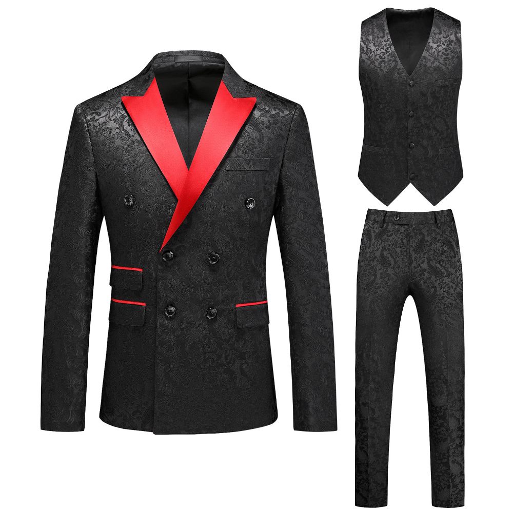 Costume 3 Pièces Pour Hommes Double Boutonnage Col Plat Robe Formelle Jacquard Mariage Grande Taille - Noir