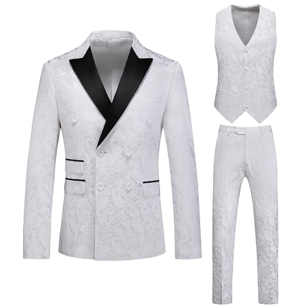 Costume 3 Pièces Pour Hommes Double Boutonnage Col Plat Robe Formelle Jacquard Mariage Grande Taille - Blanc