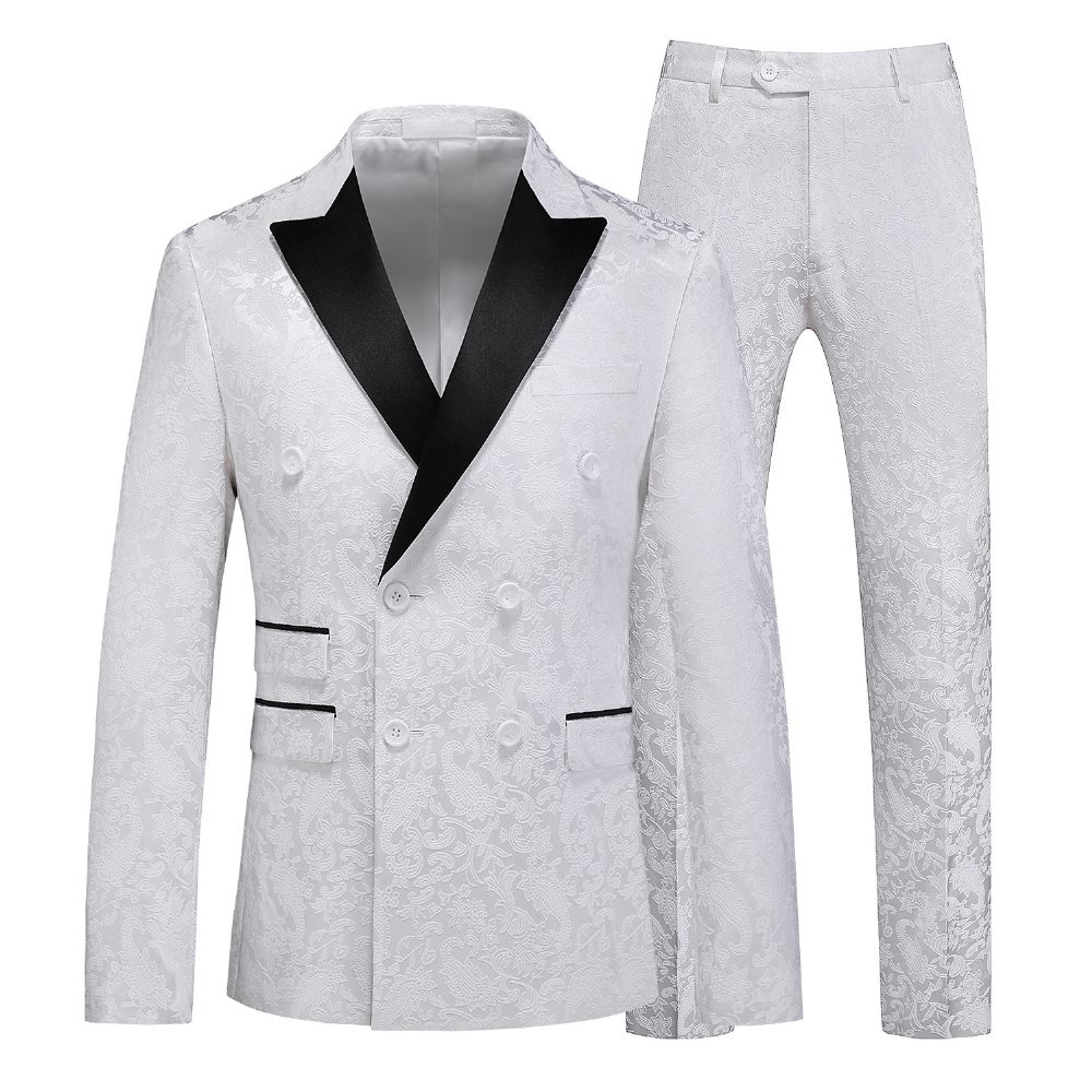 Costume 3 Pièces Pour Hommes Double Boutonnage Col Plat Robe Formelle Jacquard Mariage Grande Taille - Blanc