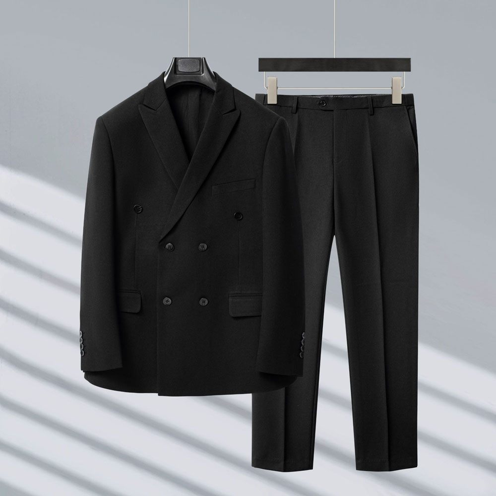 Costume 3 Pièces Pour Hommes Double Boutonnage Tenue Mariage Moderne Élastique Ample Surdimensionné - Noir