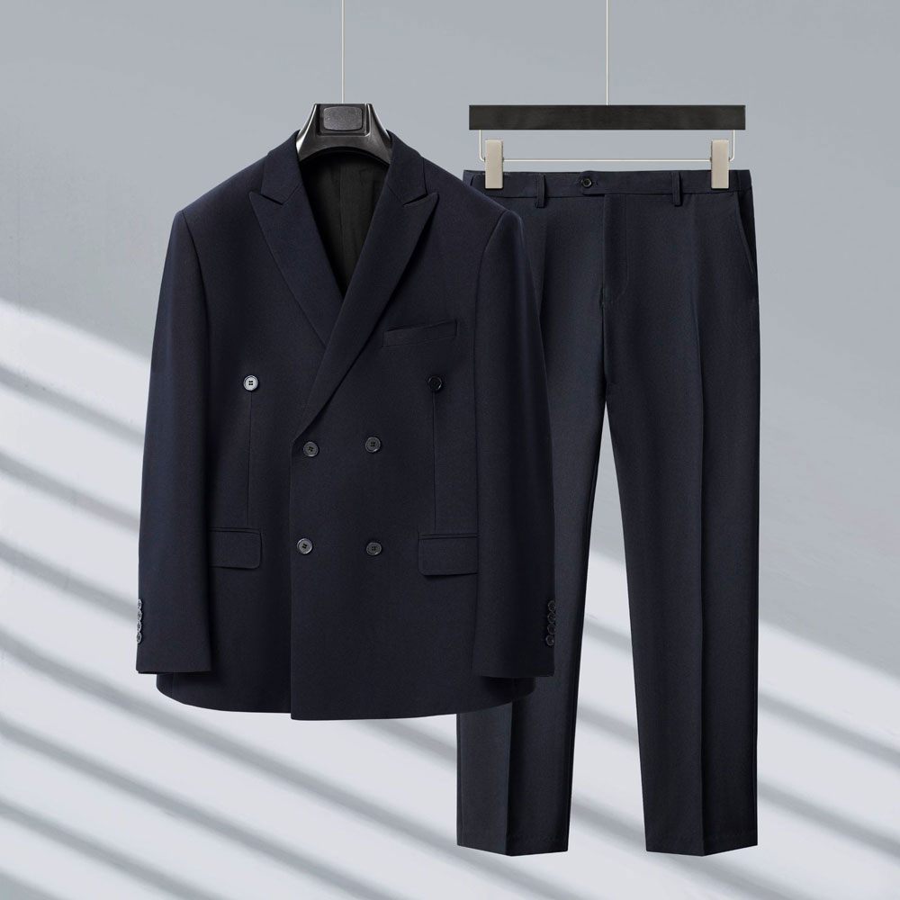 Costume 3 Pièces Pour Hommes Double Boutonnage Tenue Mariage Moderne Élastique Ample Surdimensionné - Bleu Foncé