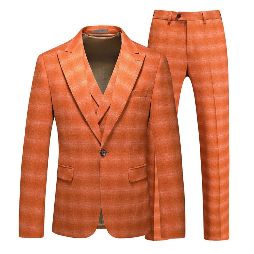 Costume 3 Pièces Pour Hommes Motif À Carreaux Business Moderne Slim Vêtements Formels Un Bouton - Orange