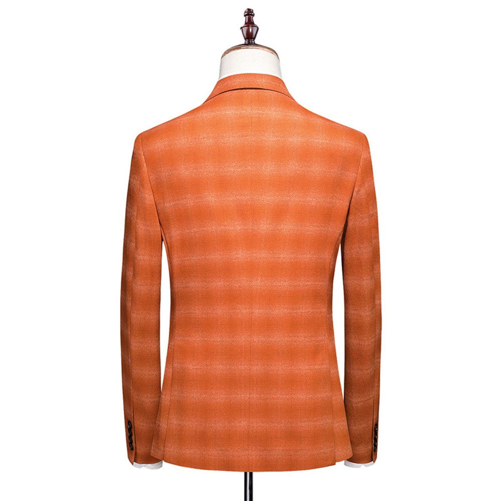 Costume 3 Pièces Pour Hommes Motif À Carreaux Business Moderne Slim Vêtements Formels Un Bouton - Orange