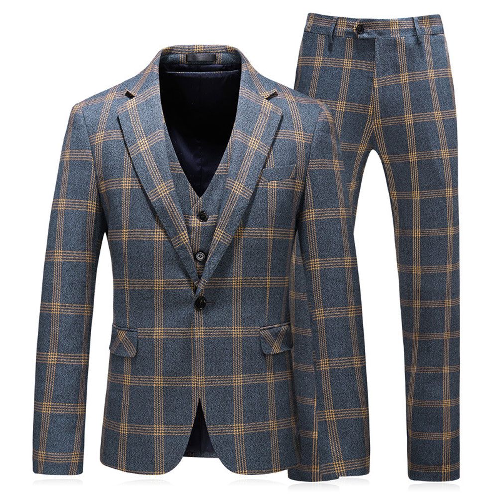 Costume 3 Pièces Pour Hommes Motif À Carreaux Business Moderne Slim Vêtements Formels Un Bouton - Bleu