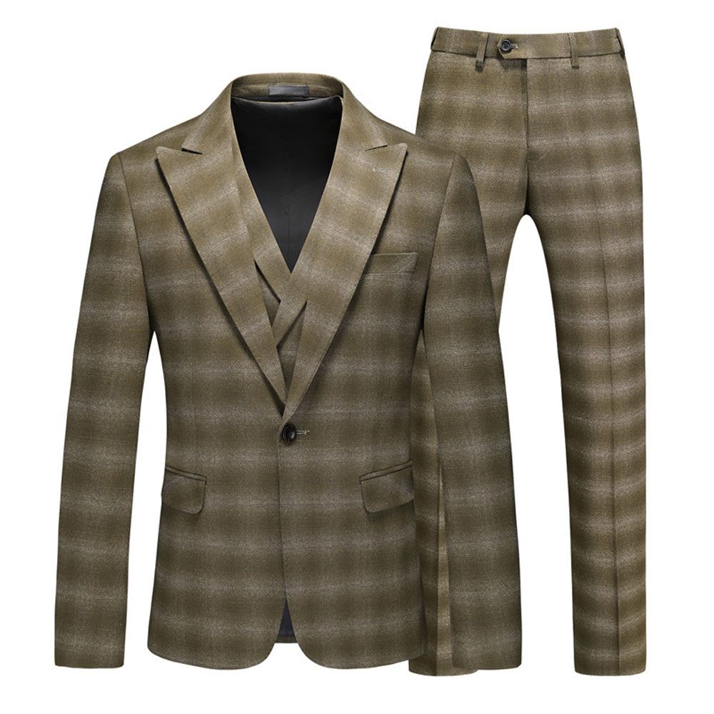 Costume 3 Pièces Pour Hommes Motif À Carreaux Business Moderne Slim Vêtements Formels Un Bouton - Vert