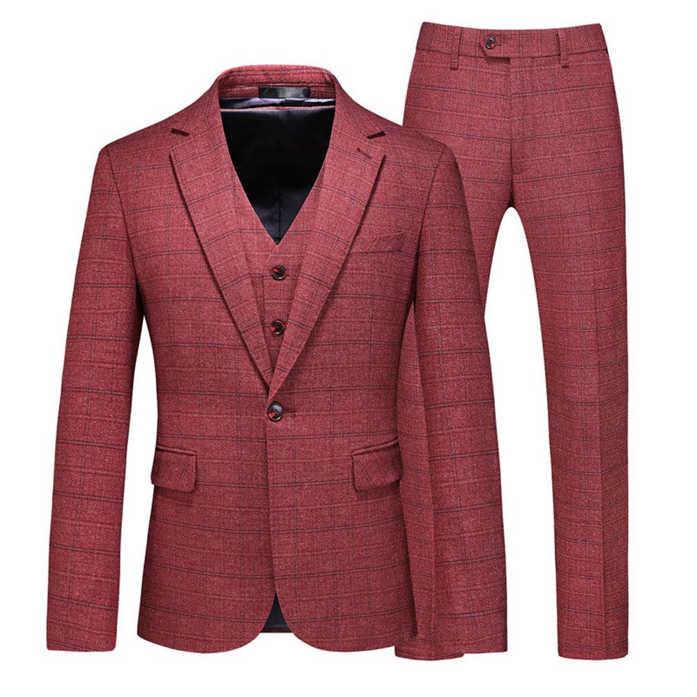 Costume 3 Pièces Pour Hommes Motif À Carreaux Vêtements Formels Minces Un Bouton Fentes Doubles Latérales - Rouge