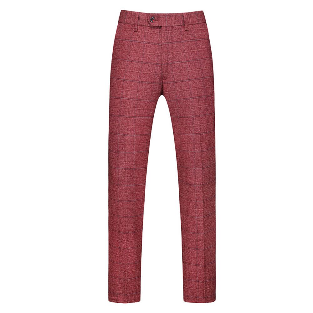 Costume 3 Pièces Pour Hommes Motif À Carreaux Vêtements Formels Minces Un Bouton Fentes Doubles Latérales - Rouge