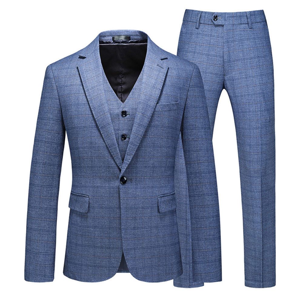 Costume 3 Pièces Pour Hommes Motif À Carreaux Vêtements Formels Minces Un Bouton Fentes Doubles Latérales - Bleu Clair