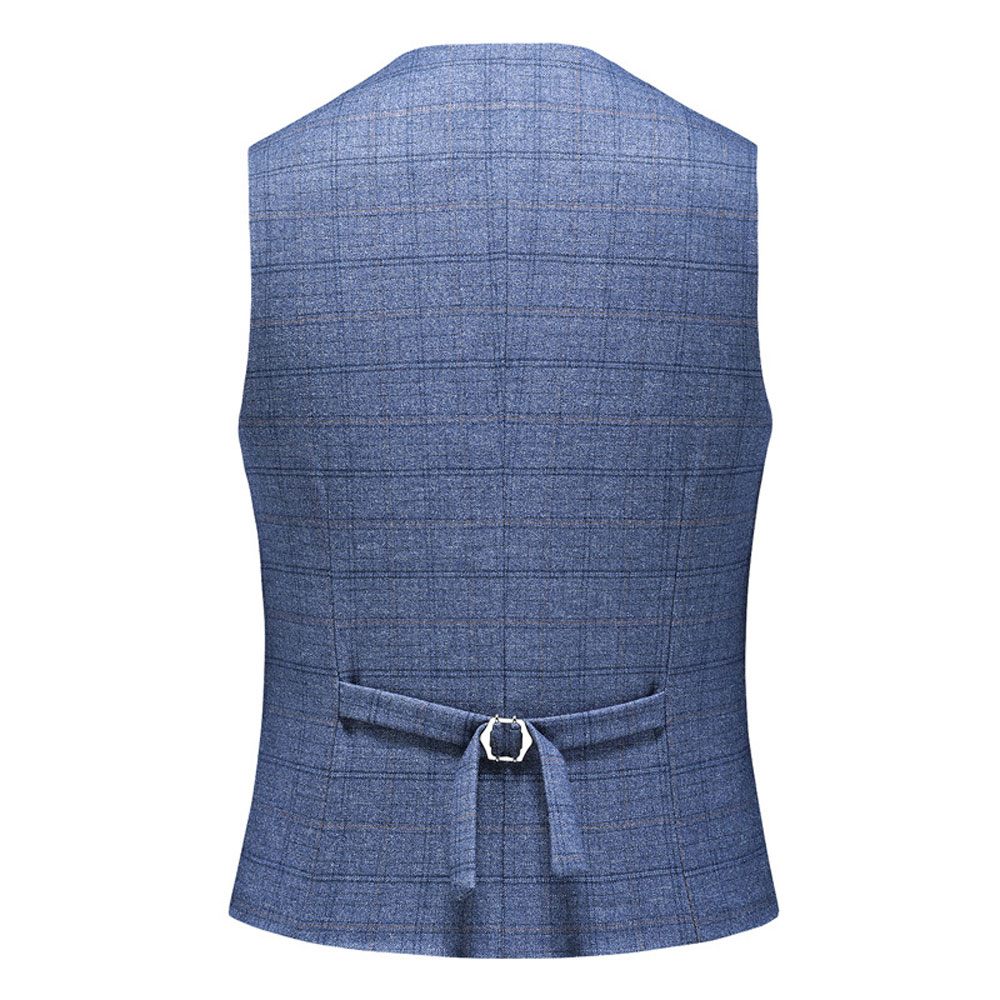 Costume 3 Pièces Pour Hommes Motif À Carreaux Vêtements Formels Minces Un Bouton Fentes Doubles Latérales - Bleu Clair